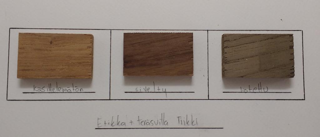 Paras lopputulos on koivussa ja varsinkin sivellyssä koekappaleessa. Väri on melko tasainen, syykuvion silti näkyen.