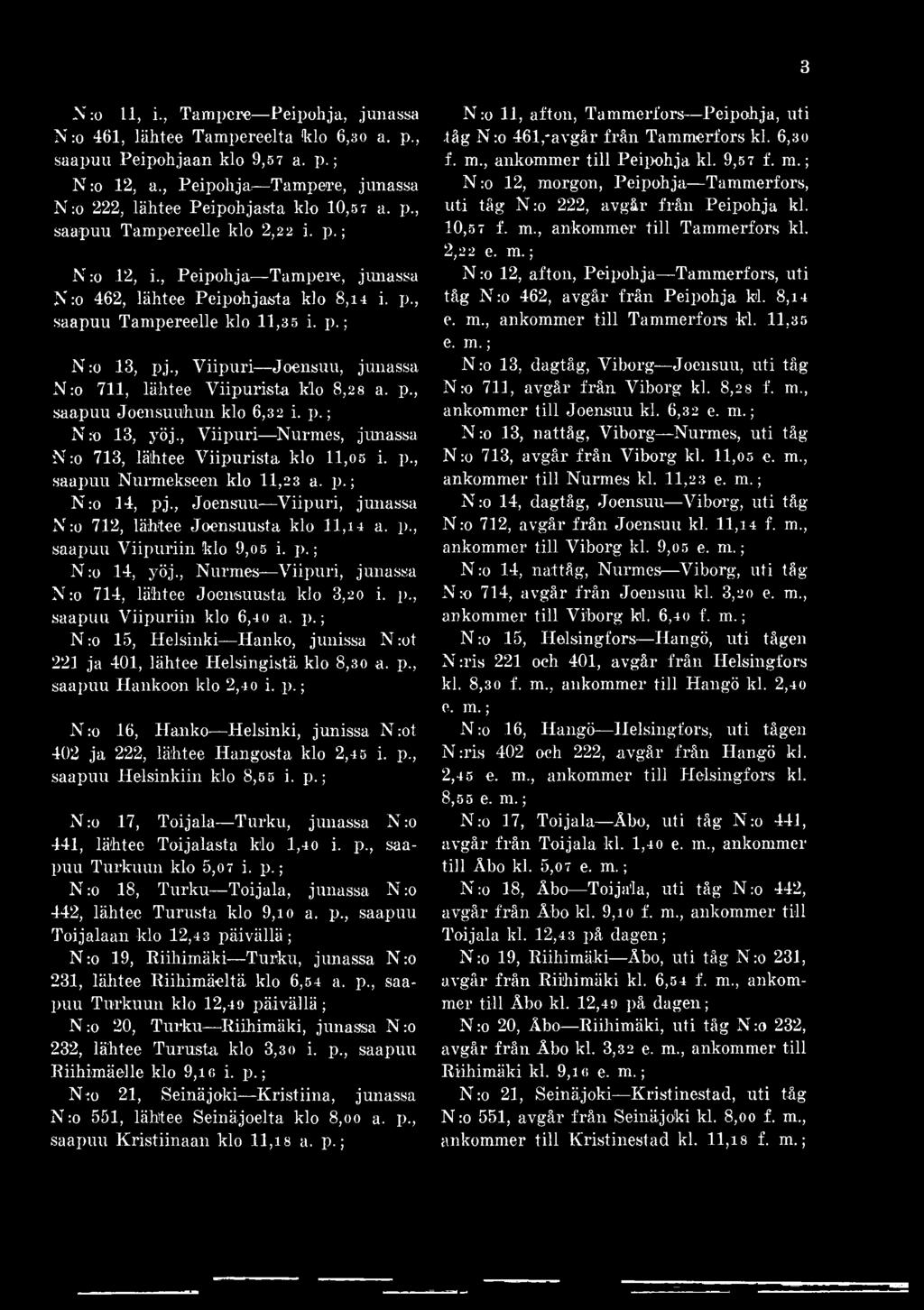 p., saapuu Viipuriin klo 6,40 a. p.; N :o 15, Helsinki Hanko, junissa N :ot 221 ja 401, lähtee Helsingistä klo 8,30 a. p., saapuu Hankoon klo 2,4 o i. p.; N :o 16, Hanko Helsinki, junissa N :ot 402 ja 222, lähtee Hangosta klo 2,45 i.