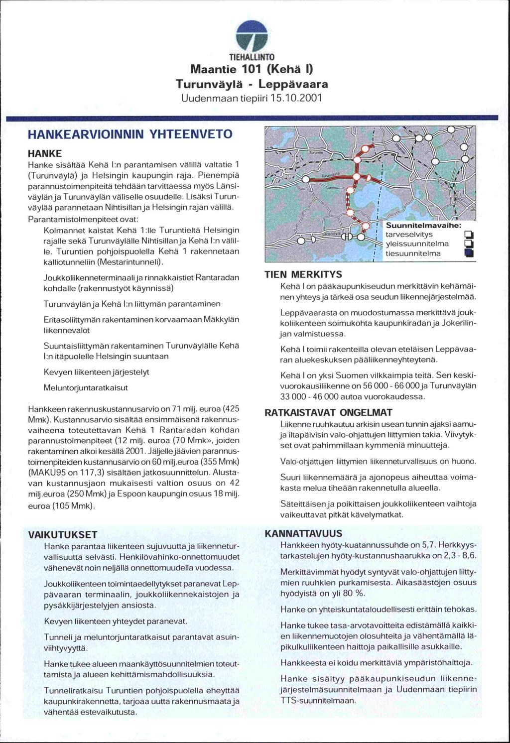 'VI TIEHALLIKO Maantie 101 (Kehä 1) Turunväylä - Leppävaara Uudenmaan tiepiiri 15.10.2001 HANKEARVIOINNIN YHTEENVETO HANKE Hanke sisältäa Kehä 1:n parantamisen välilla valtatie 1 (Turunväylä) ja Helsingin kaupungin raja.