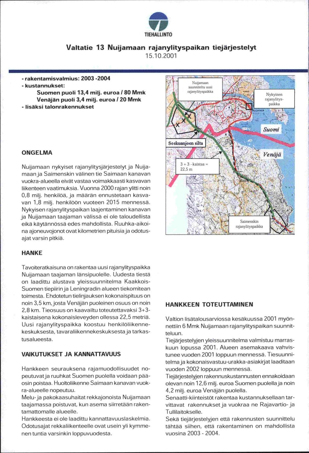 VI TIEHALLINTO Valtatie 13 Nuijamaan rajanylityspaikan tiejärjestelyt 15.10.2001 - rakentamisvalmius: 2003-2004 j -,.