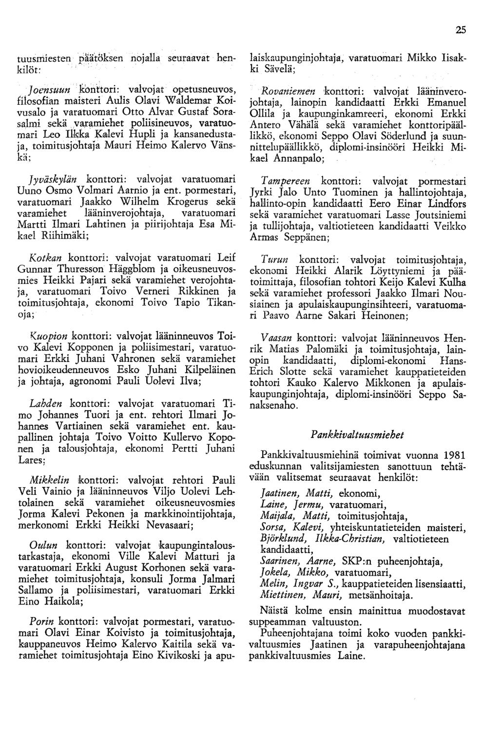 25 tuusniiesten päätöksen nojalla seuraavat henkilöt: Joensuun konttori: valvojat opetusneuvos, fiiosofian maisteri Aulis Olavi Waldemar Koivusalo ja varatuomari Otto Alvar Gustaf Sorasalmi sekä.