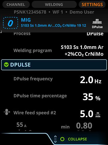 8 MIG WELDER 2.5 Käyttö Seuraavia parametreja säädetään valitsemalla Asetukset > DPulse: DPulsetaajuus: taajuus, jolla teho vaihtelee tasojen välillä.