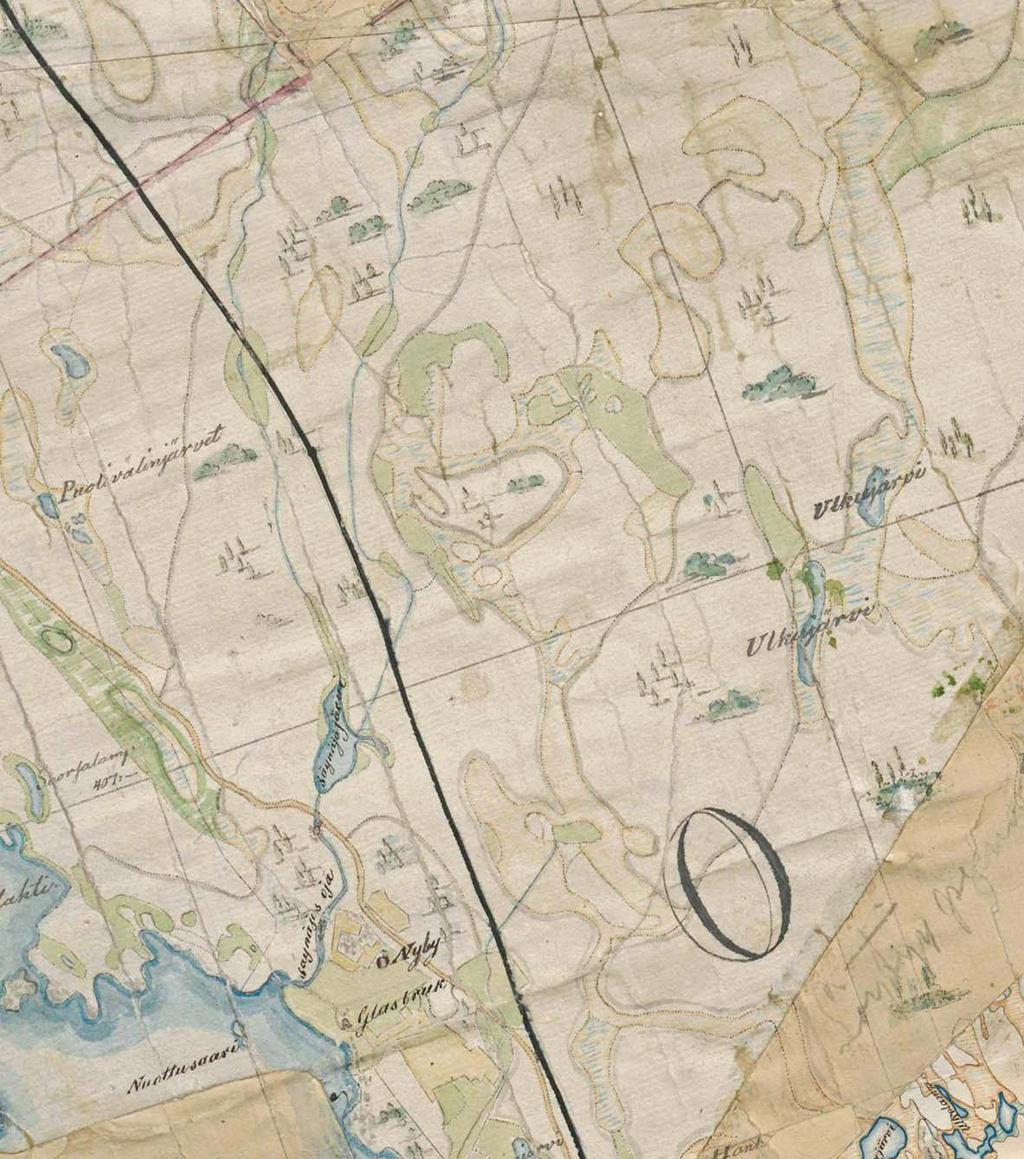 Kuva 16. Pitäjänkartta vuodelta 1846. Karttaan on myöhemmin lisätty rautatien linjaus. Karttaan on merkitty Nybyn lasiruukki ja Säynäjäjärven (nyk.