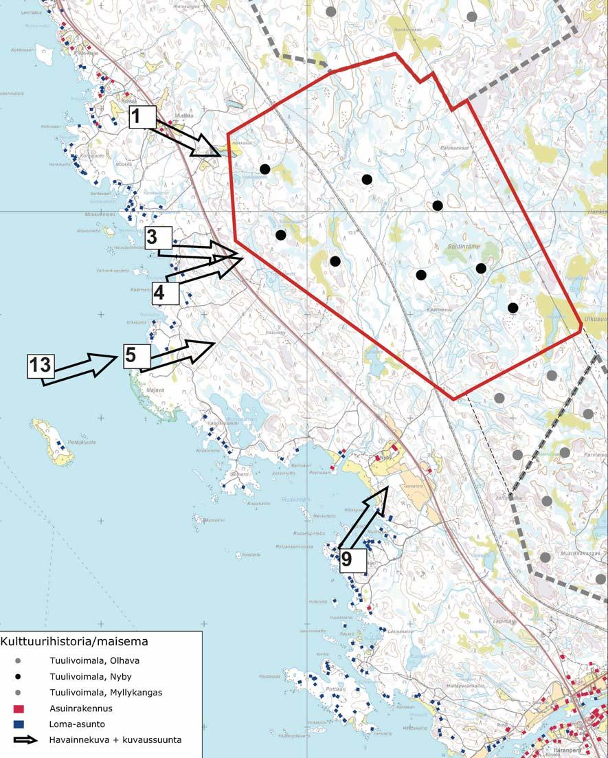 kuinka olemassa oleva puusto ja rakennukset katkaisevat näkymät kohti voimaloita.