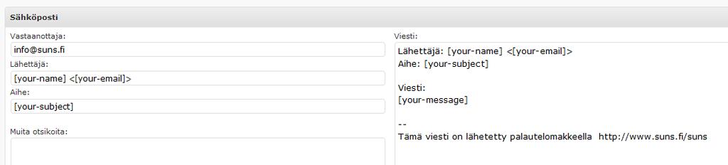 Sähköposti-kentässä näet minkälainen viesti lähetetään info@suns.fi:hin.