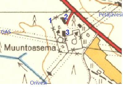 4 Vuoden 1958 peruskartan mukaan aluetta ympäröi piikkilanka-aita 1 9, asuinrakennus 2, muuntoasema 3 Imatran Voima Oy pakkolunasti Mäntän kauppalan Keuruun kylän Kivimäki nimisestä tilasta,