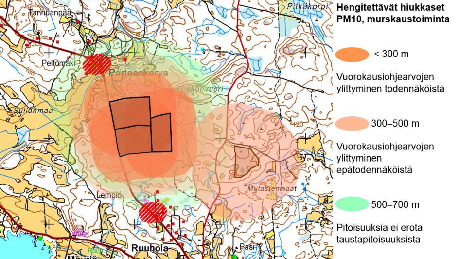 Kuva 59. Pitkäkallion hankealueiden vaikutusvyöhykkeet yhdistettynä. Kartassa merkittynä viereisen kiviainesten ottoalueen 500 metrin vaikutusvyöhyke.