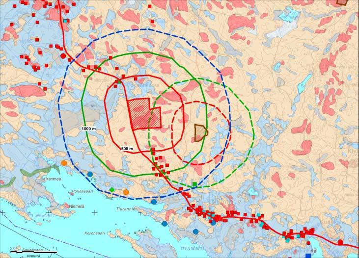 Toivosen Soran louhinta-alueen ympäristö (kuva 63) on kallio- ja moreenimaata. Viereiselle kiviainesten ottoalueelle (Arto Laitinen) on lyhimmillään kiinteistön rajalta matkaa 750 metriä.