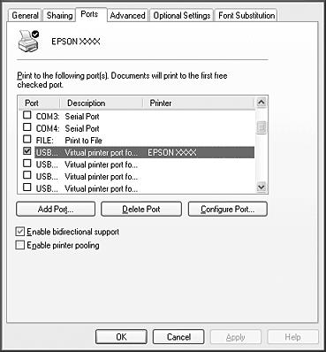 3. Jos käyttöjärjestelmäsi on Windows Me tai 98, valitse EPUSBX: (tulostimesi nimi) USB-portti Print to the following port (Tulosta porttiin) -luettelossa.