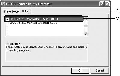 6. Napsauta Utility (Apuohjelmat) -välilehteä ja tarkista, että poistettavan tulostinohjelmiston valintaruutu on valittu.