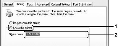 Jos käytät Windows XP tai Server 2003 -tulostuspalvelinta, valitse Share this printer (Jaa tämä tulostin) ja kirjoita sitten nimi Share name (Jakonimi) -ruutuun.