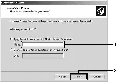 . Kirjoita Windows 2000 -asiakaskoneissa jaetun tulostimen nimi ja napsauta Next (Seuraava).
