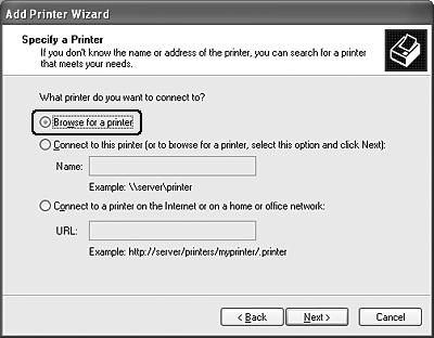 Valitse Windows XP -asiakaskoneissa Browse for a printer (Etsi