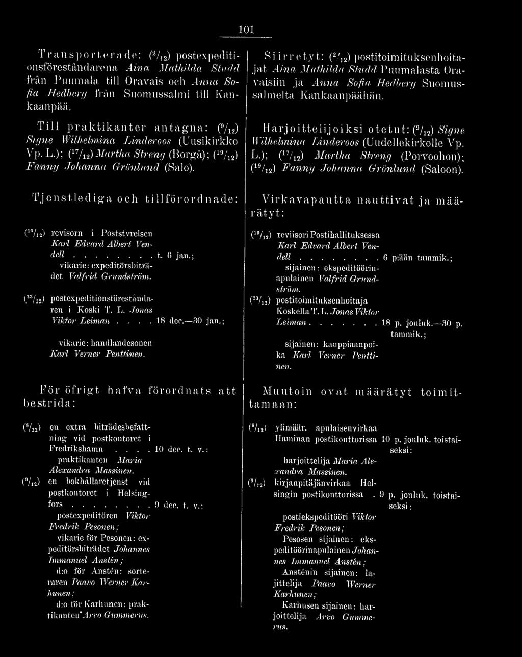 T je n s tle d ig a och tillfö ro rd n a d e : (10/i2) revisorn i Poststyrelsen Karl Edvard Albert Vend e l l... t. G jan.; vikarie: expeditörsbitrii- (let Valfrid Grundström.