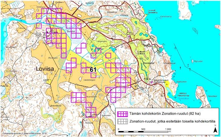 Loviisa, Zonation-aluetunnus 61 LOVIISA (61) Alue sijaitsee Loviisan lounaisosissa Fasarbyn ja Frimansin kylien kaakkoispuolella pääosin avoimella voimakkaan ihmisvaikutuksen piirissä olevalla