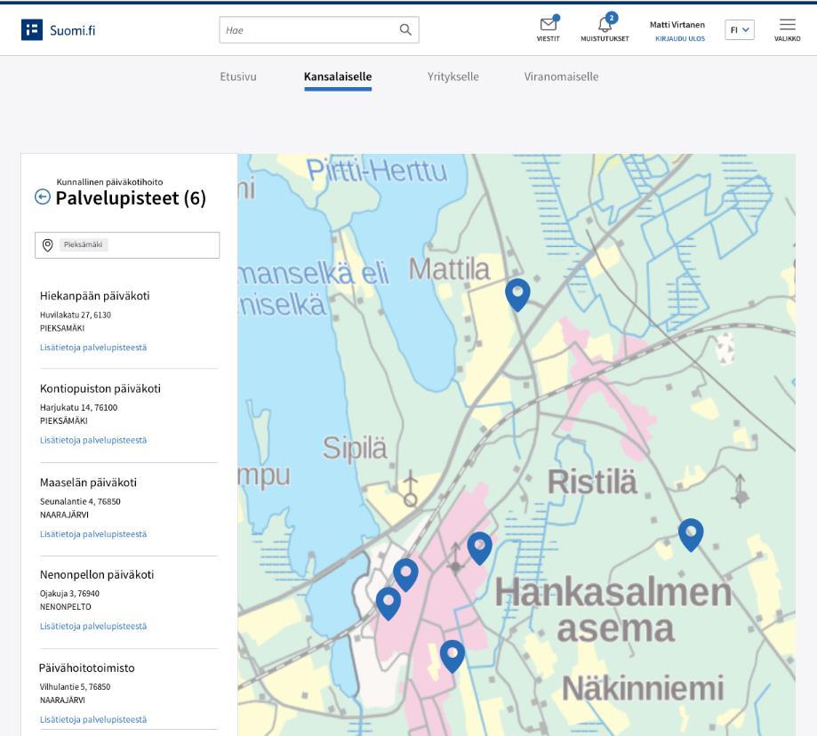 Palvelupisteet Käyttäjä voi tarkastella palvelupisteitä myös kartalla.