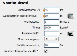 Pumppaamon mitoitus / WinCAPS Haluttu tilavuusvirta kohtaan lähtövirtaama (l/s) Geodeettinen