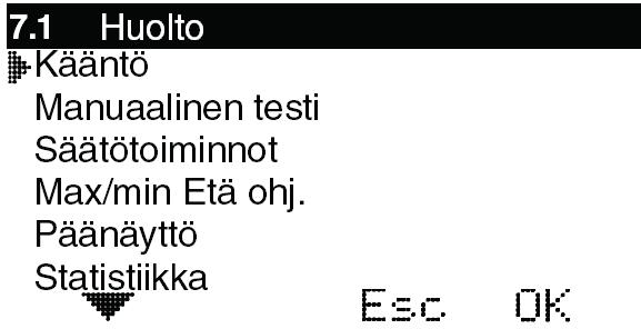 Valikko 7 Huolto Käyttöohje S Tässä valikossa on seuraavat vaihtoehdot: Vasemman reunan nuoli näyttää valitun valikon. 7.1 Kääntö Moottorin kääntösuunnan valinta: myötä- tai vastapäivään. 7.2 Manuaalinen testi Shunttimoottorin käyttäminen käsin 7.