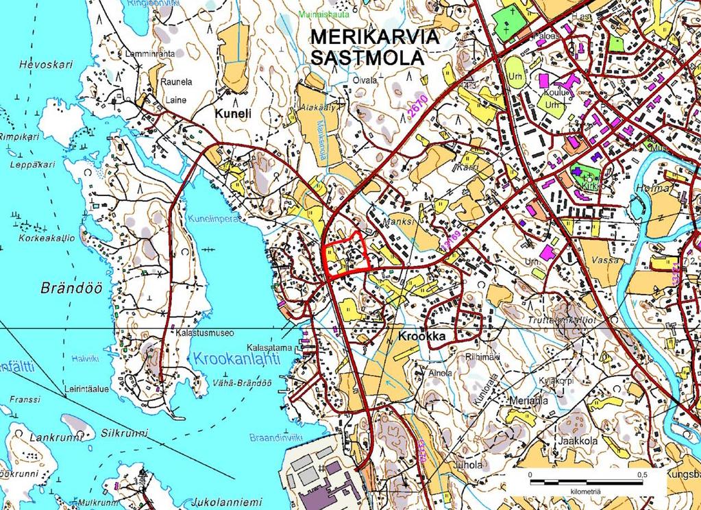 1.2 Kaava-alueen sijainti Suunnittelualue sijaitsee Merikarvian keskusta-alueen länsiosassa noin kilometrin etäisyydellä ydinkeskustasta sijoittuen ydinkeskustan ja Krookan alueen väliin.