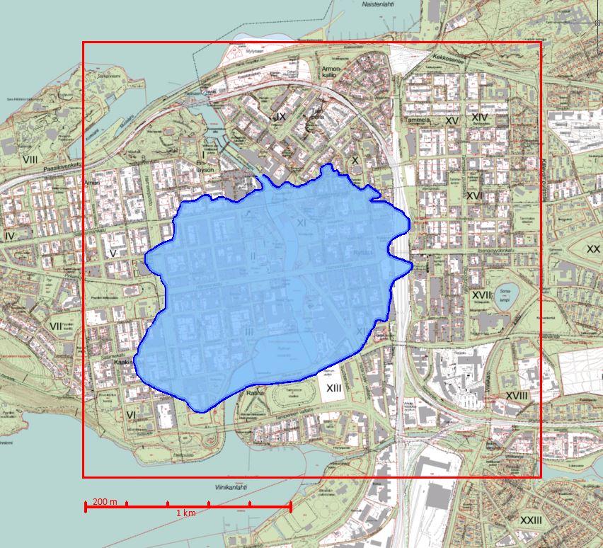 CityGeoModel kaupunkien geomallit 11 Kuva 4. Tampereen nykyisen virastokartan päälle sijoitettu muinainen Tammerkoskijärvi noin 5600 ekr.