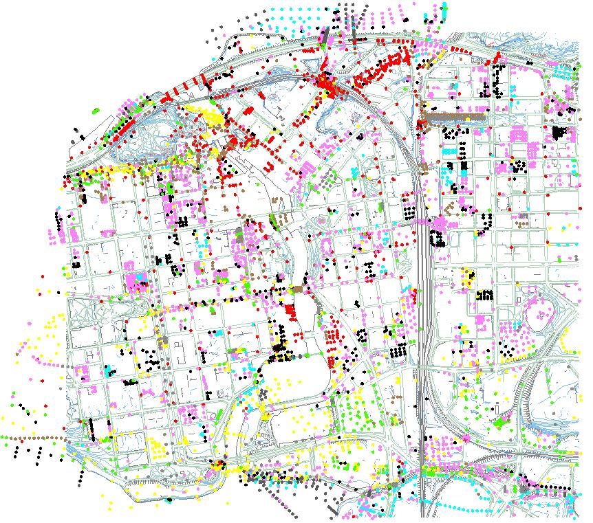 CityGeoModel kaupunkien geomallit 21 Kuva 12. Pohjatutkimuspisteet Tampereen pilottialueella. Pisteiden jakauma (tihentymät) ilmentävät erilaisia rakentamisprojekteja.