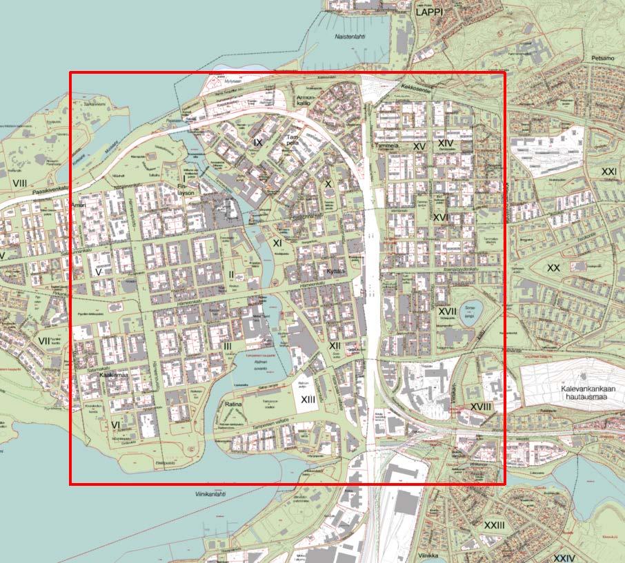 CityGeoModel kaupunkien geomallit 5 Kuva 1. Pilottialueen rajaus. Alueen koko noin 2,2 x 2,2 km 2. 2. Kaupungin geotiedon käsittely Harmoninen, prosessoitu geotieto toimii lähtökohtana jalostettaessa tietoa edelleen.
