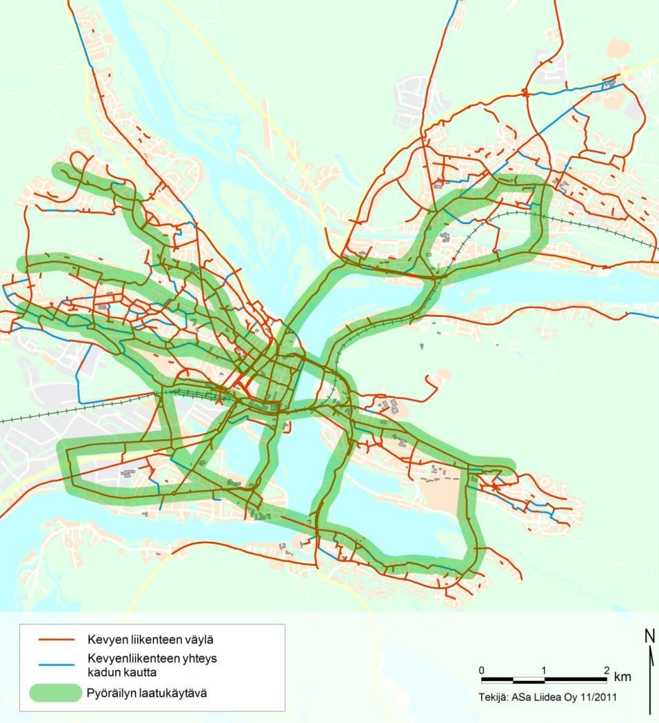 Kuva 2. Kevyen liikenteen verkosto keskusta-alueella. Liikenne Alue sijaitsee Kivikatu nimisen kadun varrella, joka toimii paikallisväylänä.
