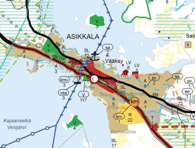 Aivan suunnittelualueen kaakkoisnurkka on merkitty golf-alueeksi (RMg) sekä teollisuus- ja varastoalueeksi (T), jotka ulottuvat myös kehittämisen kohdealueelle (kk).