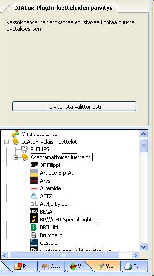 83 Kuva 9.2. Dialux 4.7 -ohjelmassa oleva plug in -valaisinluetteloiden latauslista. Ohjelmassa on monta erilaista valaisimien asennusta helpottavaa toimintoa.