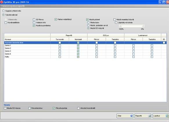 93 Kuva 9.8. Optiwin 3D pro:n raportointivalikko. Valikoista saadaan valittua valaisimien lisäksi halutut laskenta-alueen elementit näkyviin lopulliseen raporttiin. 9.5 ReluxPro 2010.