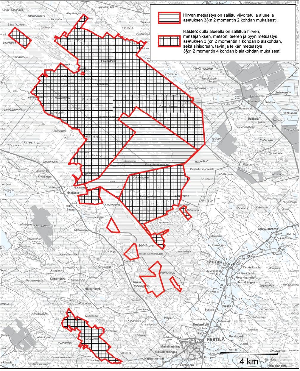 Viivoitetulla alueella on sallittu hirven metsästys asetuksen 3 :n 2 momentin mukaisesti. Rasteroidulla alueella on sallittu hirven metsästys asetuksen 3 :n 2 momentin mukaisesti.