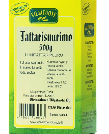 1380 kj / 329 kcal 3,4 g, josta tyydyttynyttä 0,7 g 61 g, josta sokereita 0,2 g 7 g 13 g EAN 6430041080343 Tattarilese Tattarilese sisältää runsaasti kuitua (9,3 %) ja erittäin paljon proteiinia (40