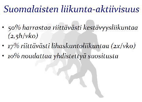 Mutta Kommunikoimmeko terveydestä oikein? Terveyttä edistävä liikunta Käypä hoito suositukset, 2008 IKÄRYHMÄ Terveet 18-65v. LIIKUNTASUOSITUKSET Kohtuukuormitteista kestävyysliikuntaa väh.