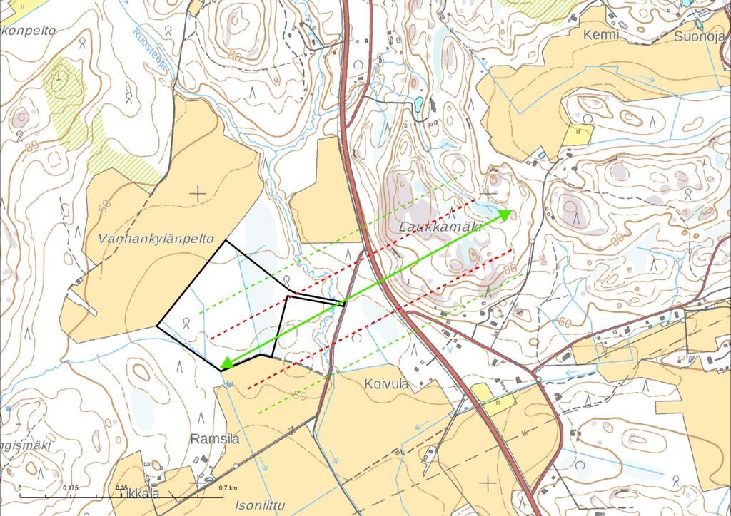 FCG SUUNNITTELU JA TEKNIIKKA OY Raportti 6 (6) 18.11.2016 Vastaavasti hankealueen pohjoispuolella ennen taajamaa on metsäaluetta, jota eläimet voivat edelleen käyttää alueilta toisille liikkumiseen.