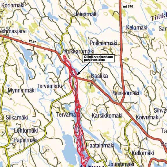 5 Talvivaara Projekti Oy 2.5 Pohjavesialueet ja suojelukohteet Kantatien n:o 87 varrella Rautavaaran kunnassa on Ollinjärvenkankaan vedenhankintaan soveltuva II luokan pohjavesialue (n:o 0868708).