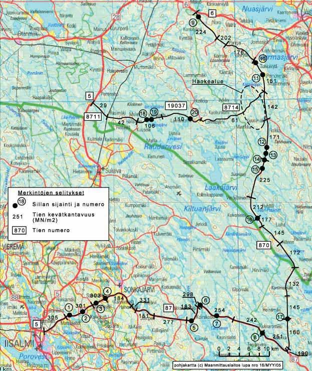 7 Talvivaara Projekti Oy Kuva 7. Tarkastelualueen siltojen sijainnit ja teiden kevätkantavuudet. Taulukko 1. Reittivaihtoehtoihin sisältyvien teiden nykytila (Lähde: Tiehallinto, tierekisteri).