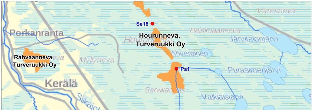 SIIKAJOEN TURVETUOTANTOALUEIDEN KÄYTTÖ-, PÄÄSTÖ- JA VAIKUTUSTARKKAILU VUONNA 216 29 Kuva 4-11. Houruneva ja vesistötarkkailupisteet.