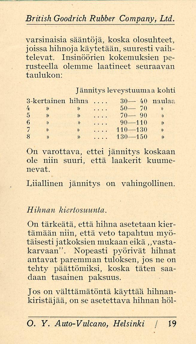 30 70 110 130 British Goodrich Rubber Company, Ltd. varsinaisia sääntöjä, koska olosuhteet, joissa hihnojakäytetään, suuresti vaihtelevat.