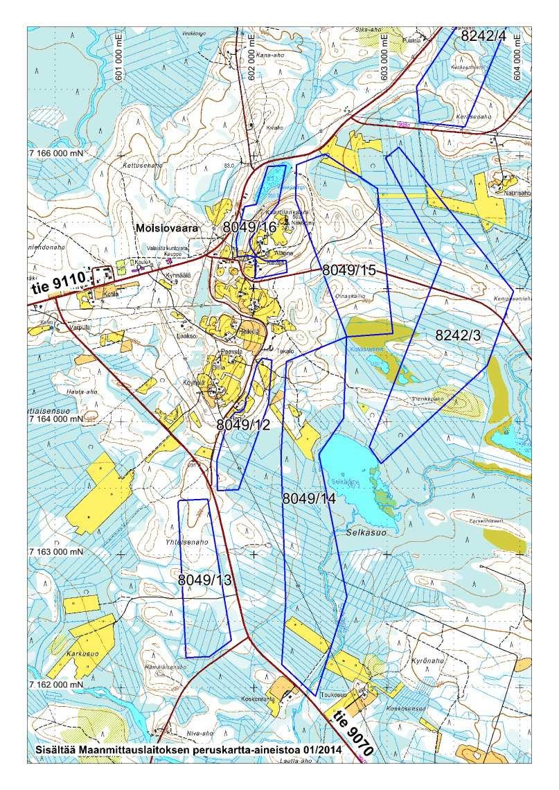 Kuva 2. Yhdysteiden 9110 ja 9070 sijoittuminen valtauksiin nähden. Projektio: ETRS-TM35FIN. Grid: 500m x 500m. Fig 2.