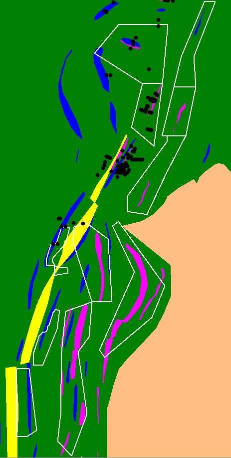 Kuva 4. Kartta Moisiovaaran alueelta suoritetuista kairauksista (Lopen kairasydäntietokannan mukaan) geologisella kartalla. Rauenneet valtaukset valkoisella rajauksella. Fig 4.