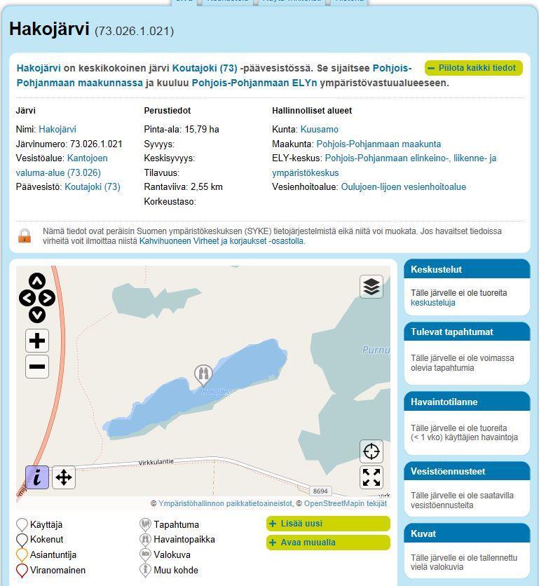 järvien Järviwiki tietokannan tietoja Hakojärvestä