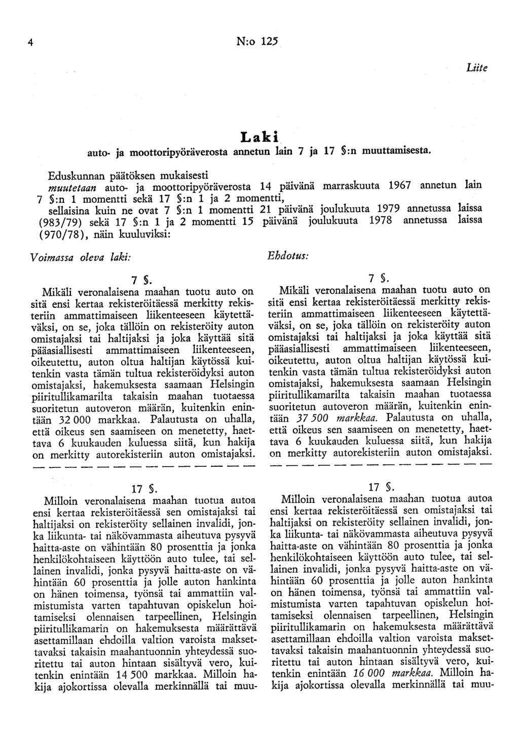 4 N:o 12.5 Liite Laki auto- ja moottoripyöräverosta annetun lain 7 ja 17 :n muuttamisesta.