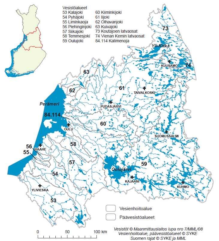 Oulujoen-Iijoen vesienhoitoalueen pintavedet: - Perämereen laskevat vesistöt Kalajoelta Kuivajoelle - Kuusamosta itään laskevat latvavedet - Jako vesimuodostumiin (joki/joen osa,