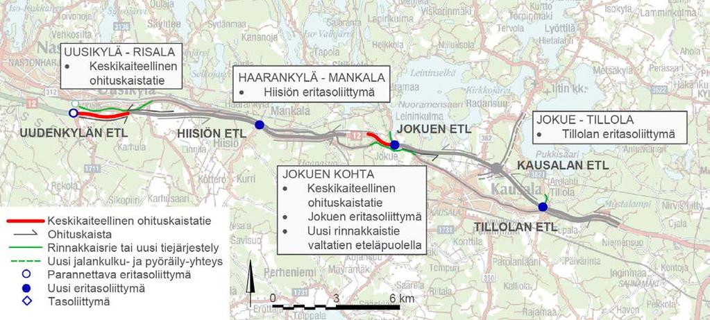 26): Uusikylä Risala-osuus parannetaan nykyisellä paikallaan keskikaiteelliseksi 1+1-ajorataiseksi tieksi. Tien nopeusrajoitus on 80 km/h ja osuudelle ei tehdä muita toimnepiteitä.