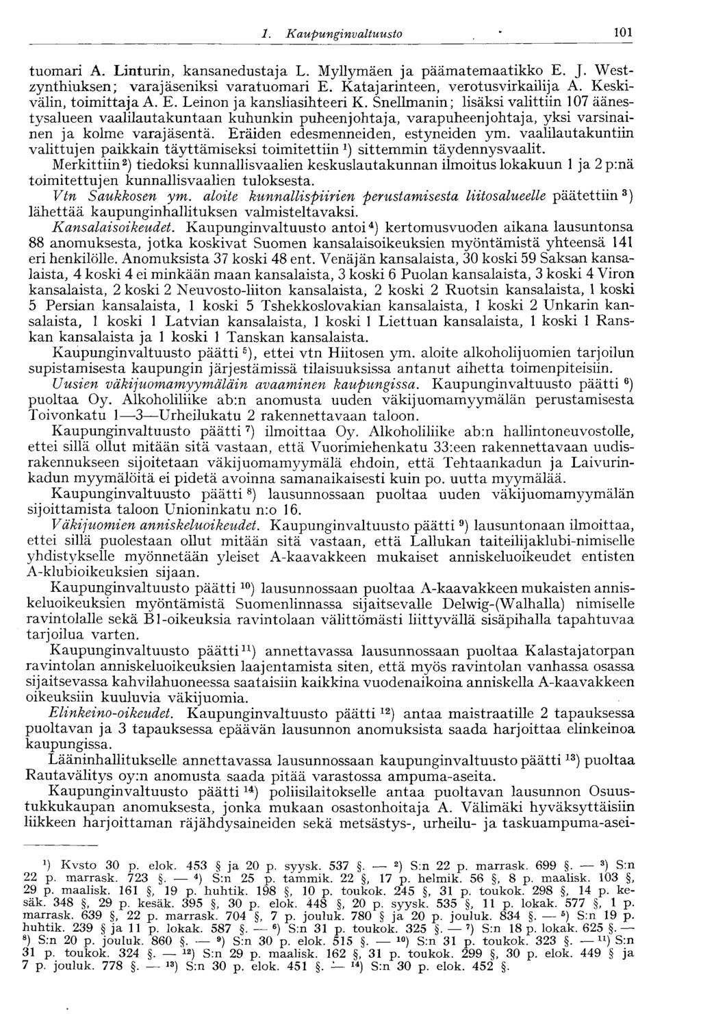 101 1. Kaupunginvaltuusto tuomari A. Linturin, kansanedustaja L. Myllymäen ja päämatemaatikko E. J. Westzynthiuksen; varajäseniksi varatuomari E. Katajarinteen, verotusvirkailija A.