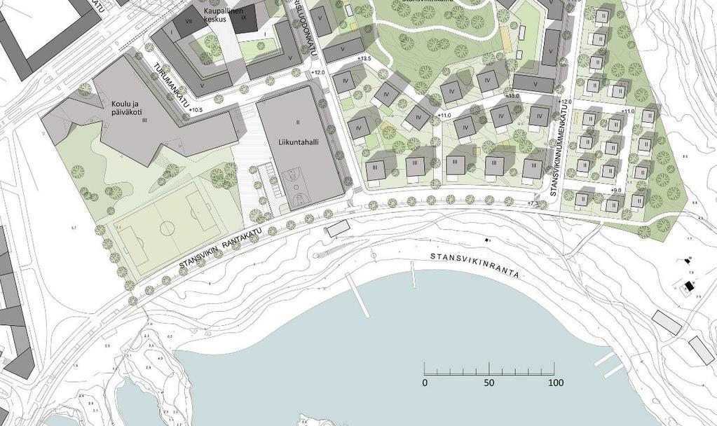 Keskeisin kerrostaloalue rakentuu joukkoliikennekatujen Koirasaarentien ja Haakoninlahdenkadun risteykseen sekä korkeimman kalliolaen ja sen metsäistä kalliomaastoa säilyttävän puiston ympärille.