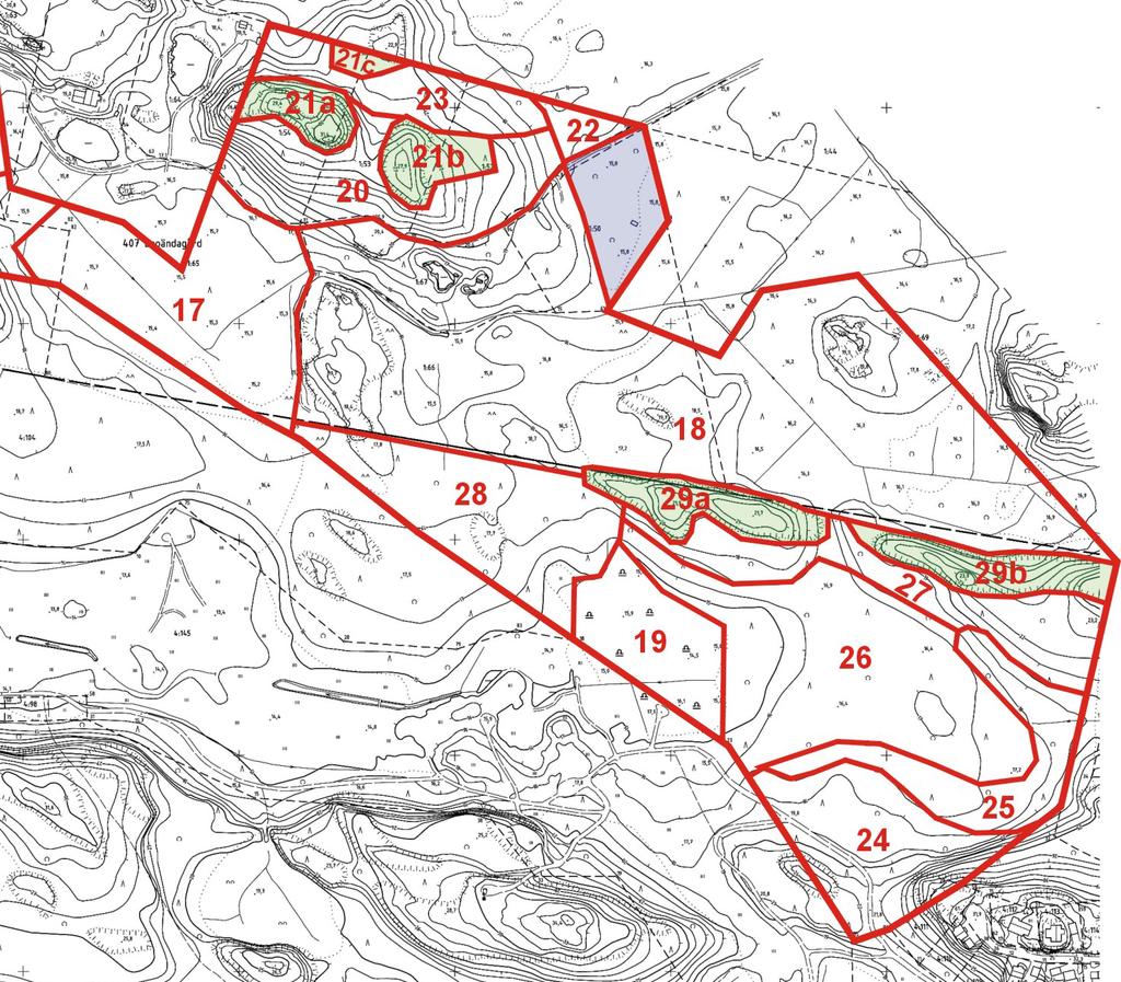 Siuntion Störsvikin luontoarvoselvitys 2008 Kuva 3. Selvitysalueen itäosan kuviojako (punaiset rajaukset ja numerointi).