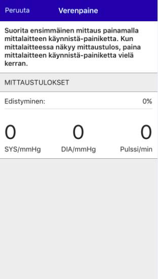 5. Kun sovellus on avautunut, paina puhelimen Suorita mittaus -painiketta ja käynnistä mittaus painamalla mittalaitteen käynnistä painiketta. 6.