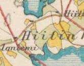 Kuvat 10 ja 11. Vasemmalla Lohjan kihlakunnankartta 1904-1906, jossa tutkimusalue niittyä, oikealla taloudellinen kartta (1913, 1917), jossa alue peltoa. Kuva 12.