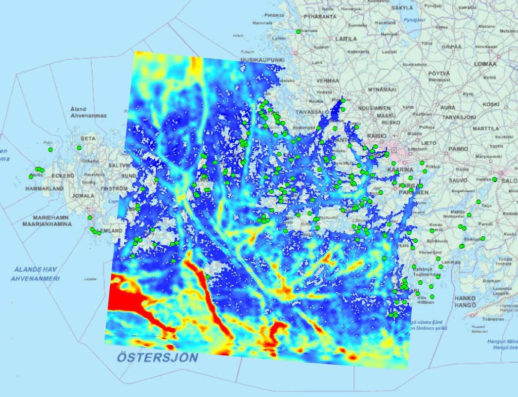Kuva 4.5.2. Saaristomerimallin mallinnusalue ja pistekuormittajat. Kevätkukinta näkyy a-klorofyllin piikkinä, minkä jälkeen ao.